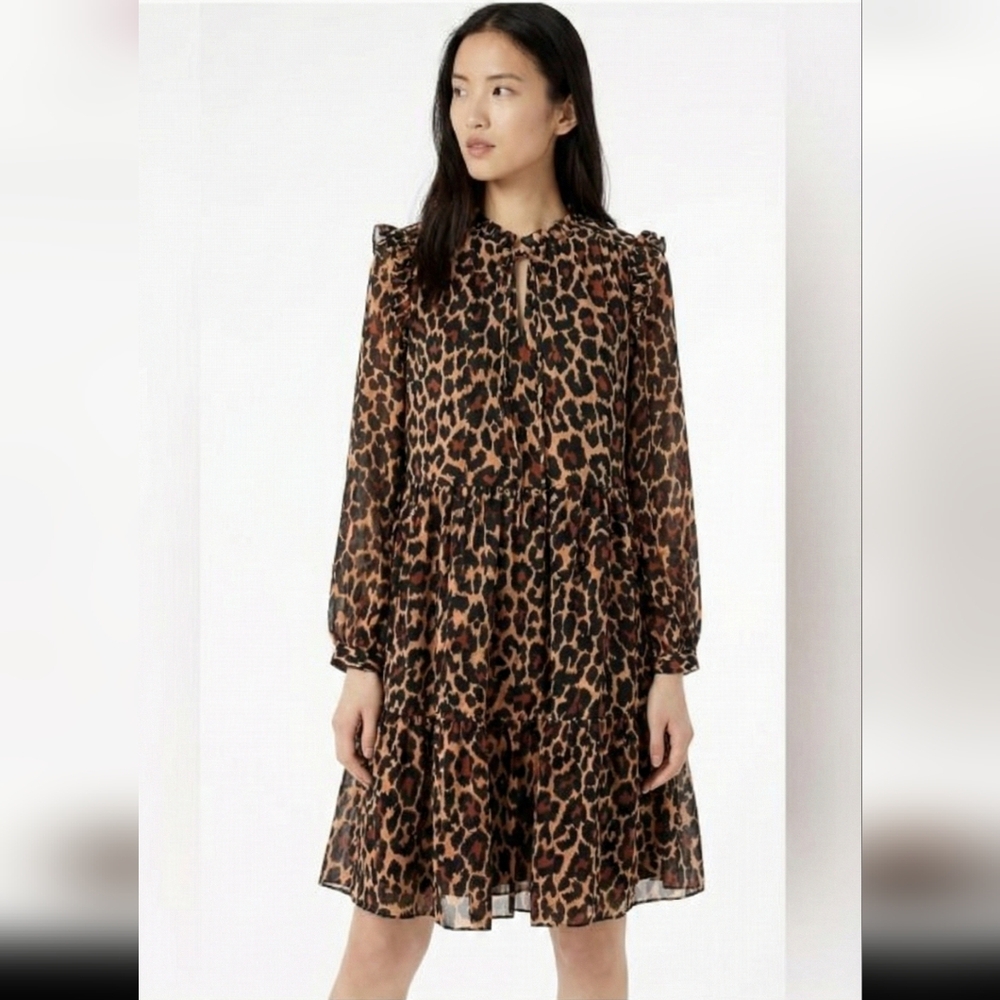J.CREW Flowy Babydoll tiered leopard  Sheer Nonwaisted pull on dress Brown S